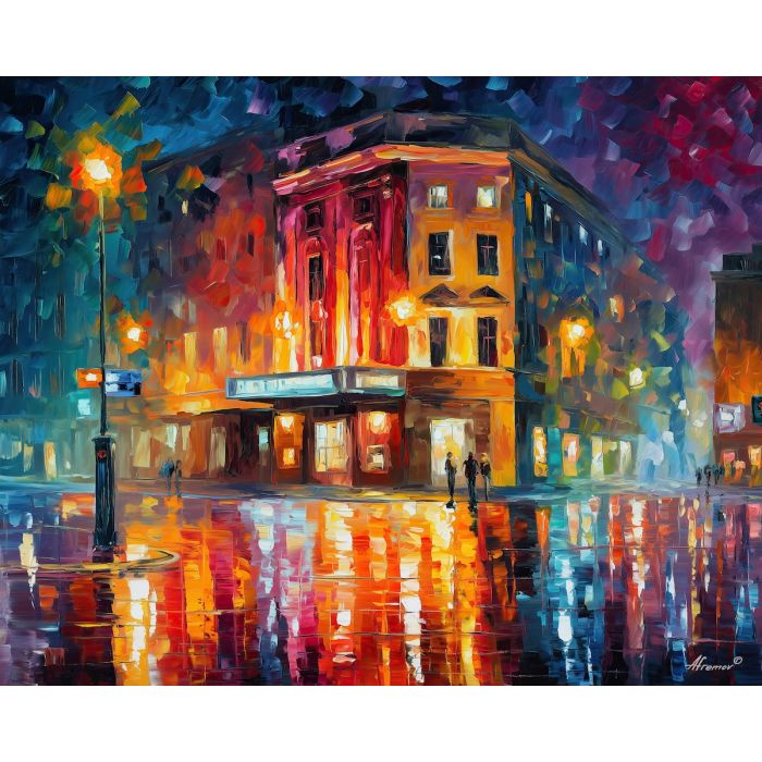 VELVET THEATER CROSSING, a theater poster stand in the foreground at a surreal crossing where red curtains hang between buildings vivid Leonid Af, cityscape painting, surreal cityscape, urban wall art, oil painting, canvas art, wall art, Afremov style, palette knife texture, surreal city art, night city painting, decorative artwork, textured painting, fantasy cityscape, gallery wall art, luminous painting, urban surreal art, wet street art, home decor art