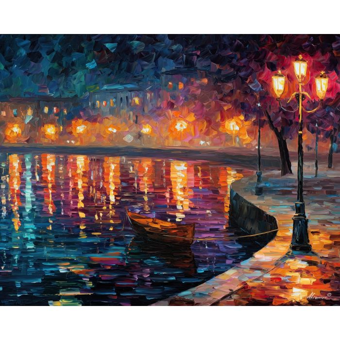 MOSAIC EMBANKMENT BOAT, a small boat tied in the foreground along a mosaic embankment with surreal city lamps mirrored in broken water vivid Leo, cityscape painting, surreal cityscape, urban wall art, oil painting, canvas art, wall art, Afremov style, palette knife texture, surreal city art, night city painting, decorative artwork, textured painting, fantasy cityscape, gallery wall art, luminous painting, urban surreal art, wet street art, home decor art