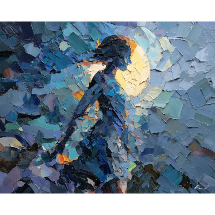MOON FABRIC, moonlit figure composition built from cool knife strokes and layered fabric shapes anatomy only loosely suggested tastef, palette knife figure, abstract woman painting, figure painting, oil painting, canvas art, wall art, textured painting, decorative figure art, tasteful artwork, impasto painting, gallery wall art, home decor art, draped figure, simplified anatomy, expressive painting, abstract portrait, fine art figure, bold texture