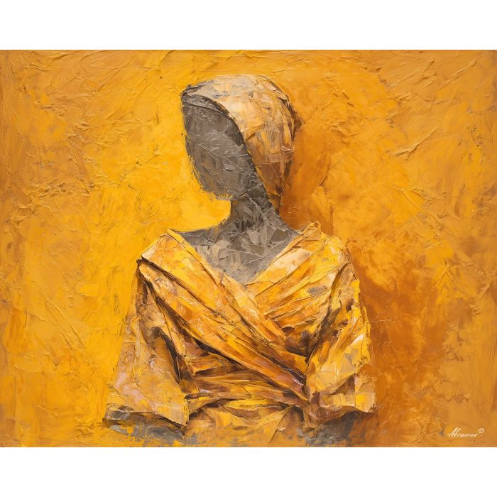 OCHRE FIGURE, ochre-toned simplified female figure with broad shoulders wrapped cloth abstract interior background, palette knife figure, abstract woman painting, figure painting, oil painting, canvas art, wall art, textured painting, decorative figure art, tasteful artwork, impasto painting, gallery wall art, home decor art, draped figure, simplified anatomy, expressive painting, abstract portrait, fine art figure, bold texture