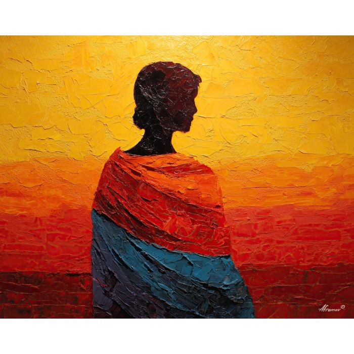 SUNSET DRAPE, palette knife painting of a simplified female figure suggested by broad color blocks wrapped in a sunset drape no facial, palette knife figure, abstract woman painting, figure painting, oil painting, canvas art, wall art, textured painting, decorative figure art, tasteful artwork, impasto painting, gallery wall art, home decor art, draped figure, simplified anatomy, expressive painting, abstract portrait, fine art figure, bold texture