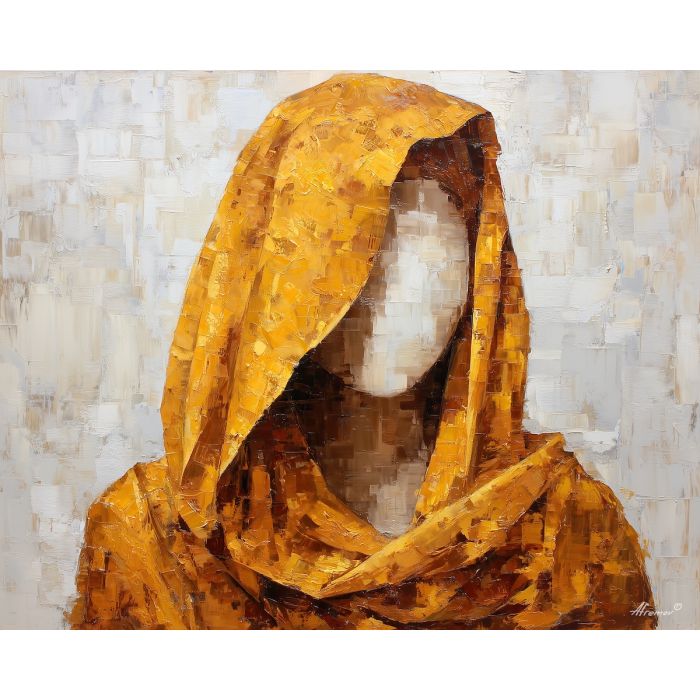 AMBER SHAWL, artistic palette knife composition of a woman shape under an amber shawl minimal anatomy no fine detail broad strokes on, palette knife figure, abstract woman painting, figure painting, oil painting, canvas art, wall art, textured painting, decorative figure art, tasteful artwork, impasto painting, gallery wall art, home decor art, draped figure, simplified anatomy, expressive painting, abstract portrait, fine art figure, bold texture
