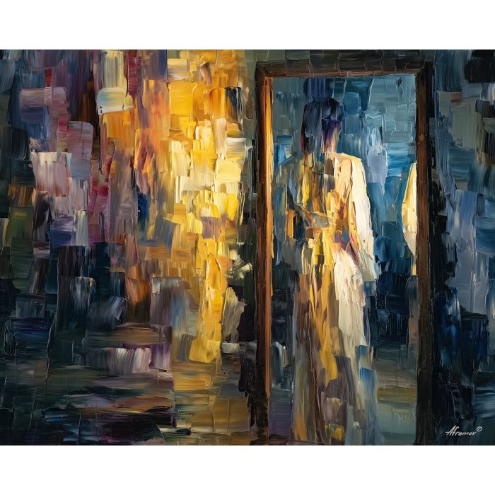 MIRROR SHAPE, abstracted figure near a mirror reflection blurred into color fields drapery covering the body no explicit detail, palette knife figure, abstract woman painting, figure painting, oil painting, canvas art, wall art, textured painting, decorative figure art, tasteful artwork, impasto painting, gallery wall art, home decor art, draped figure, simplified anatomy, expressive painting, abstract portrait, fine art figure, bold texture