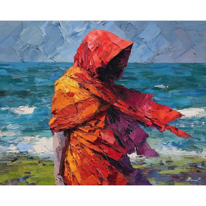 SEA WRAP, simplified coastal figure wrapped in windblown cloth body mostly concealed no facial detail large knife-painted shapes a, palette knife figure, abstract woman painting, figure painting, oil painting, canvas art, wall art, textured painting, decorative figure art, tasteful artwork, impasto painting, gallery wall art, home decor art, draped figure, simplified anatomy, expressive painting, abstract portrait, fine art figure, bold texture