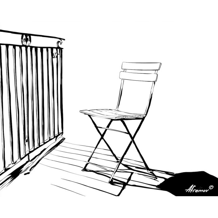 Balcony Chair View, simple line art of a chair on a balcony with simple railing plain white background, line art, minimal line drawing, black and white art, simple illustration, outline drawing, canvas art, wall art, minimalist artwork, clean line art, decorative line drawing, modern line art, gallery wall art, home decor art, simple black line, white background art, contour drawing, minimal scene art, ink outline style