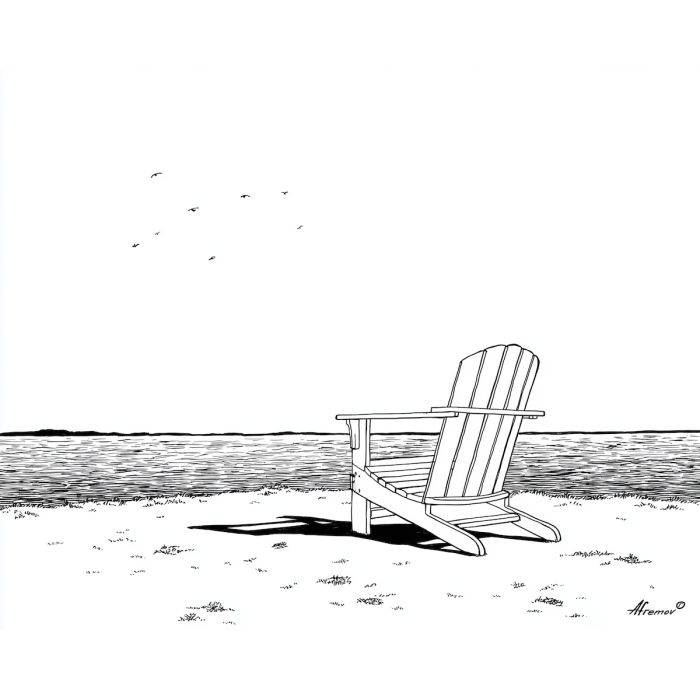 Seaside Chair, simple line art of a chair facing a simple shoreline plain white background, line art, minimal line drawing, black and white art, simple illustration, outline drawing, canvas art, wall art, minimalist artwork, clean line art, decorative line drawing, modern line art, gallery wall art, home decor art, simple black line, white background art, contour drawing, minimal scene art, ink outline style