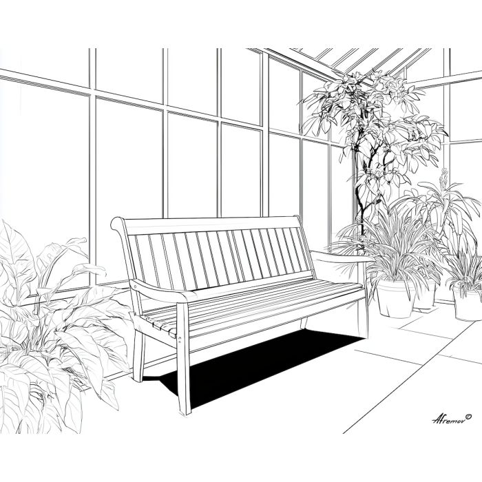 Greenhouse Bench, simple line art of a bench inside a greenhouse plain white background sparse plant outlines, line art, minimal line drawing, black and white art, simple illustration, outline drawing, canvas art, wall art, minimalist artwork, clean line art, decorative line drawing, modern line art, gallery wall art, home decor art, simple black line, white background art, contour drawing, minimal scene art, ink outline style