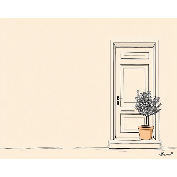 Doorway with Pot, simple line art of a doorway with a potted plant plain white background, line art, minimal line drawing, black and white art, simple illustration, outline drawing, canvas art, wall art, minimalist artwork, clean line art, decorative line drawing, modern line art, gallery wall art, home decor art, simple black line, white background art, contour drawing, minimal scene art, ink outline style