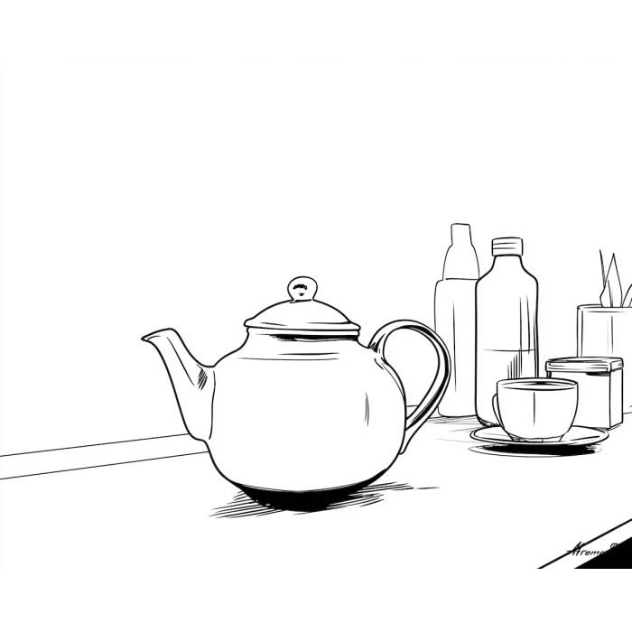 Kitchen Teapot, simple line art of a teapot in a kitchen scene plain white background minimal contour drawing, line art, minimal line drawing, black and white art, simple illustration, outline drawing, canvas art, wall art, minimalist artwork, clean line art, decorative line drawing, modern line art, gallery wall art, home decor art, simple black line, white background art, contour drawing, minimal scene art, ink outline style
