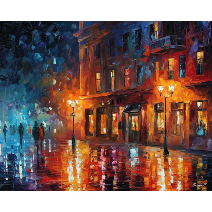 Cobalt Cafe Street, a cafe street at night in cobalt tones with warm windows lightposts and mirror-like rain reflections, Leonid Afremov style, Afremov inspired painting, rainy night cityscape, colorful landscape painting, oil painting, canvas art, wall art, palette knife texture, rain reflections painting, lightpost painting, autumn cityscape, park path painting, night street art, gallery wall art, home decor art, romantic rainy scene, cityscape painting, landscape painting