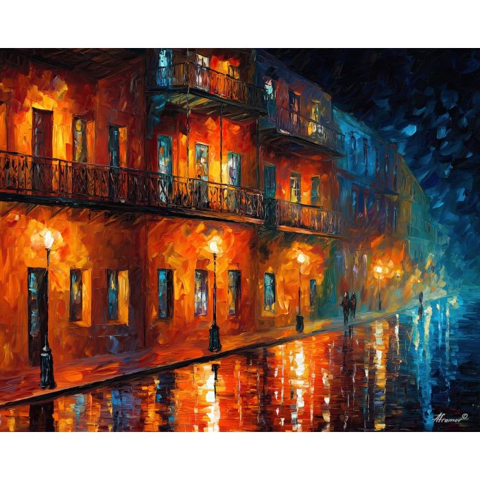 Midnight Balcony Glow, a city street below glowing balconies at midnight with rain lamps and saturated reflections, Leonid Afremov style, Afremov inspired painting, rainy night cityscape, colorful landscape painting, oil painting, canvas art, wall art, palette knife texture, rain reflections painting, lightpost painting, autumn cityscape, park path painting, night street art, gallery wall art, home decor art, romantic rainy scene, cityscape painting, landscape painting