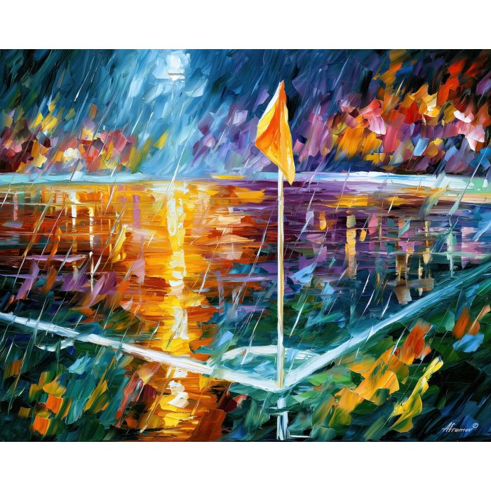 Golden Corner Flag, an Afremov-style football field corner with a corner flag as the foreground subject golden rain reflections vivid but ge, football world cup painting, Afremov style football art, Leonid Afremov inspired painting, palette knife oil painting, football cityscape, football landscape, colorful football painting, oil painting, canvas art, wall art, glowing reflections art, stadium night painting, sports wall art, gallery wall art, home decor art, paintable football art, rainy night football scene, decorative sports painting
