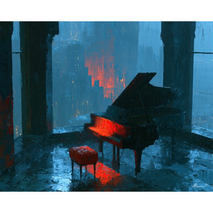 grand piano, piano tall, tall windows, grand art, grand painting, piano art, piano painting, tall art, tall painting, windows art, windows painting, overlooking art, overlooking painting, rain-darkened art, rain-darkened painting, city art, city painting, ragnarblaze, thunderarc, original oil painting