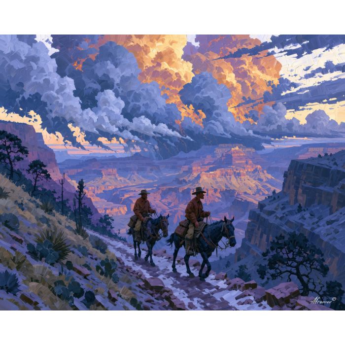 two riders, riders descending, descending copper, two art, two painting, riders art, riders painting, descending art, descending painting, copper art, copper painting, canyon art, canyon painting, trail art, trail painting, storm art, storm painting, clouds art, clouds painting, ignite art
