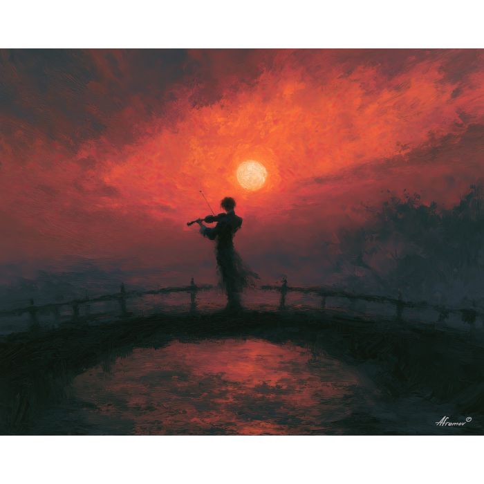 dark violinist, violinist standing, standing bridge, dark art, dark painting, violinist art, violinist painting, standing art, standing painting, bridge art, bridge painting, against art, against painting, blazing art, blazing painting, sunset art, sunset painting, dovraune, dreamarc, bright wall decor