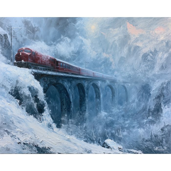red train, train crossing, crossing mountain, red art, red painting, train art, train painting, crossing art, crossing painting, mountain art, mountain painting, bridge art, bridge painting, heavy art, heavy painting, snow art, snow painting, blue art, blue painting, dusk art