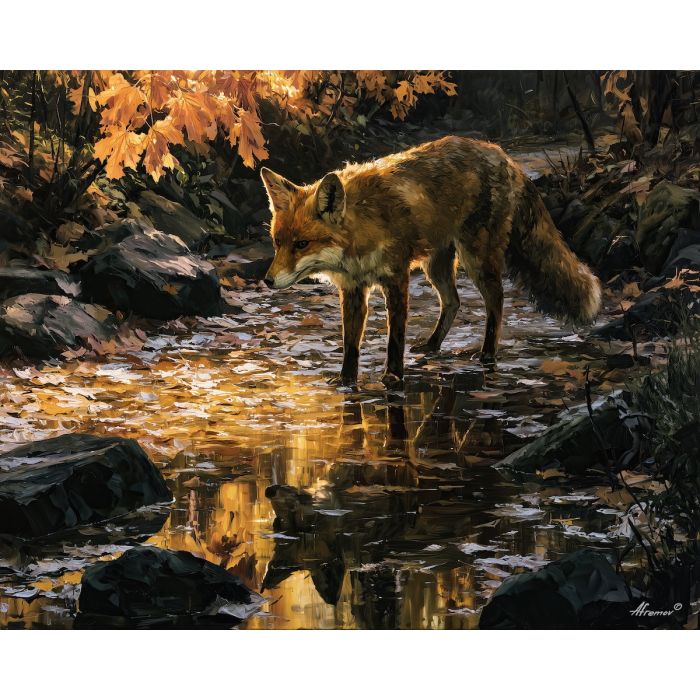 red fox, fox pausing, pausing wet, red art, red painting, fox art, fox painting, pausing art, pausing painting, wet art, wet painting, woodland art, woodland painting, path art, path painting, amber art, amber painting, leaves art, leaves painting, clinging art