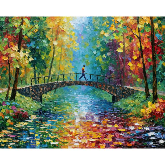 jogger crossing, crossing small, jogger bridge art, city park painting, palette knife art, urban park wall art, textured oil painting, colorful landscape art, afremov inspired, luminous wall decor