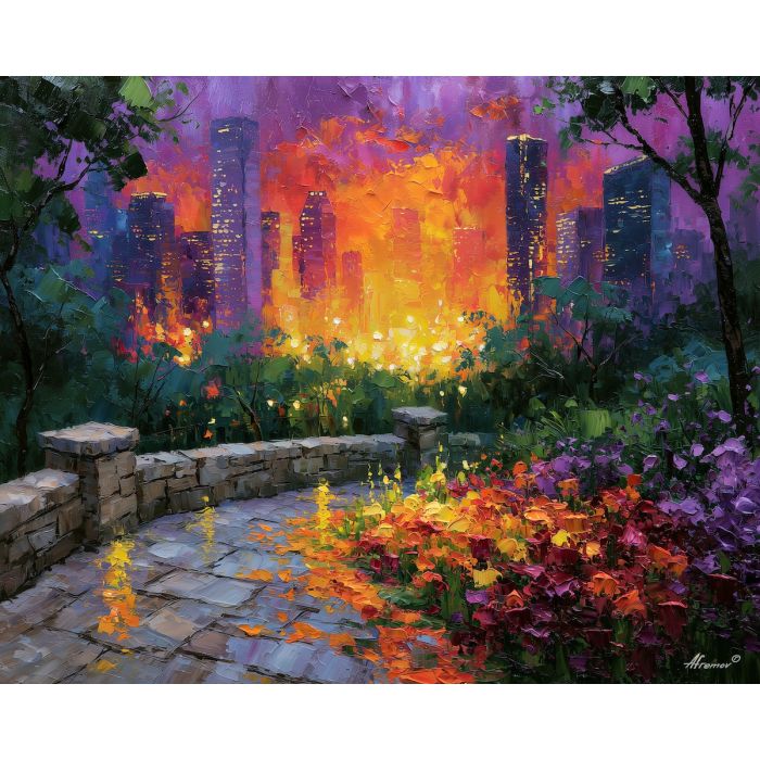 stone terrace, terrace overlook, terrace overlook art, city park painting, palette knife art, urban park wall art, textured oil painting, colorful landscape art, afremov inspired, luminous wall decor