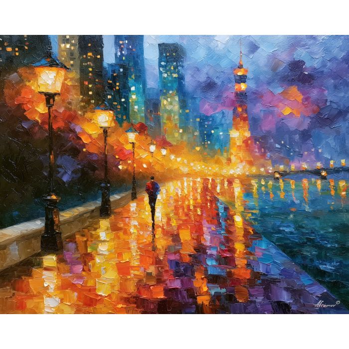 riverside promenade, promenade lined, city promenade art, cityscape painting, urban skyline art, palette knife art, thick brush strokes, textured oil painting, colorful wall art, afremov inspired