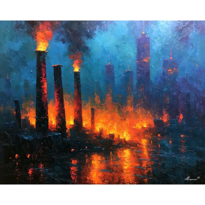 old chimneys, chimneys new, city chimneys art, cityscape painting, urban skyline art, palette knife art, thick brush strokes, textured oil painting, colorful wall art, afremov inspired