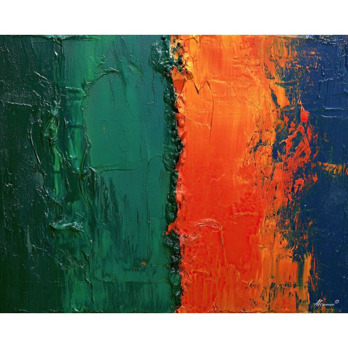 emerald orange, ultramarine nonrepresentational, velvet velocity art, heavy impasto art, bold color fields, textured wall decor, modern abstract art, minimal detail painting, expressive knife marks, large abstract canvas