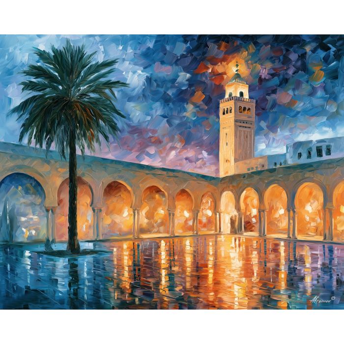 kairouan painting, kairouan art, tunisia city art, arched walls, glowing city lights, travel wall art, textured oil painting, hidden gem city, vibrant cityscape, no signature art