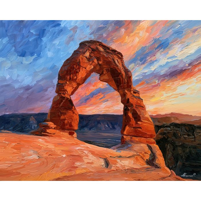 stone arch, desert bold, twilight saltflat art, thick brush strokes, heavy impasto painting, broad simplified shapes, minimal detail art, colorful wall decor, glowing reflections, textured oil painting