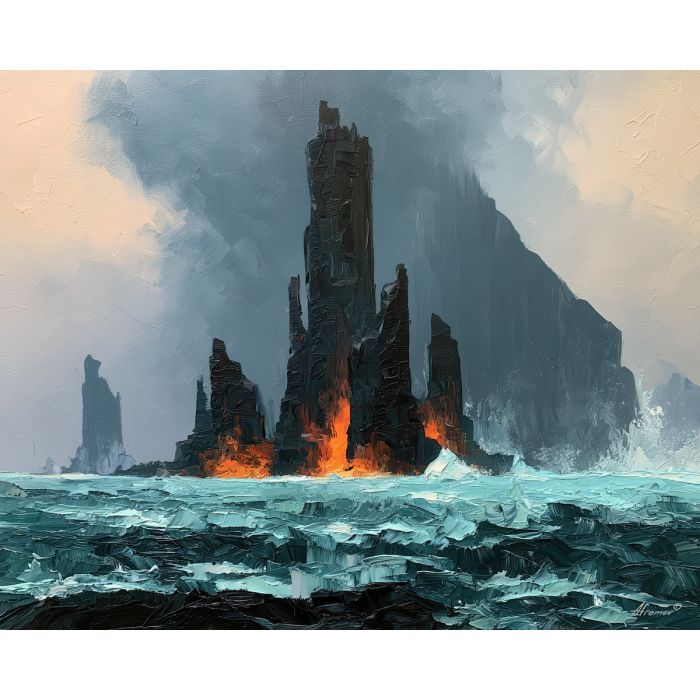 faroe sea, stacks dark, molten field art, bold color landscape, rare landscape art, afremov style landscape, palette knife landscape, thick brush strokes, heavy impasto painting, broad simplified shapes