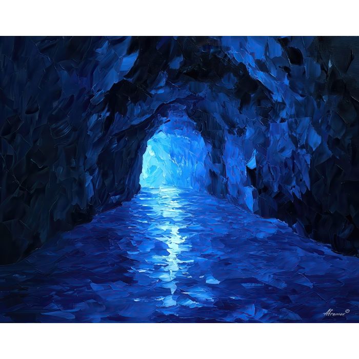 capri blue, cave mouth, aurora song art, rare landscape art, afremov style landscape, palette knife landscape, thick brush strokes, heavy impasto painting, broad simplified shapes, minimal detail art