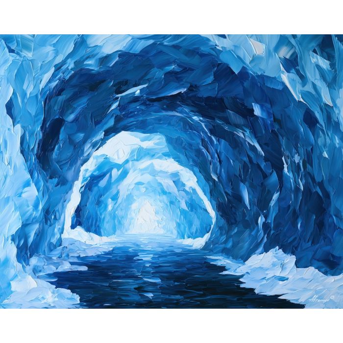 sapphire ice, cave arched, ice cave art, thick brush strokes, heavy impasto painting, broad simplified shapes, minimal detail art, colorful wall decor, glowing reflections, textured oil painting