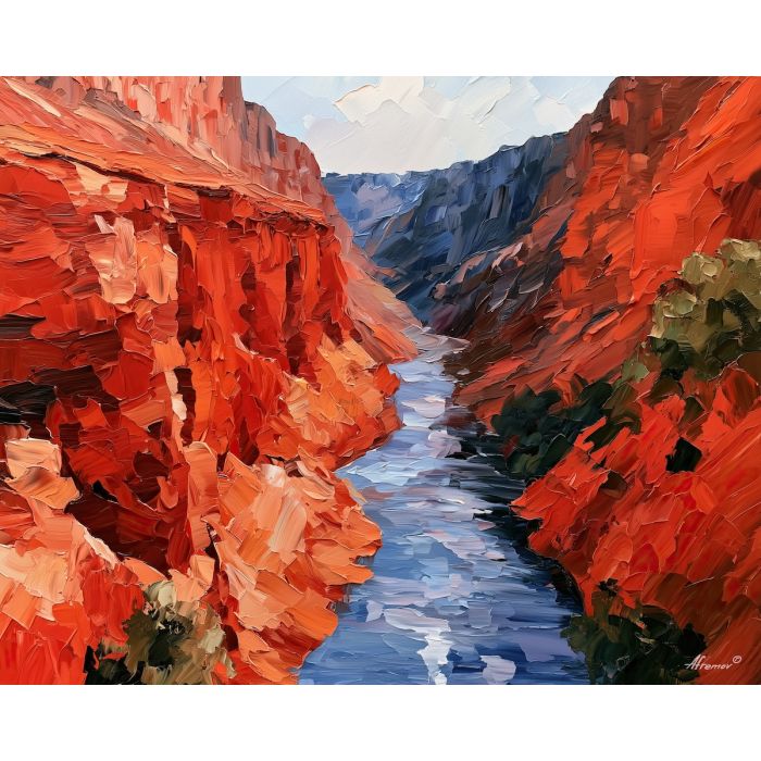 canyon river, corridor scarlet, canyon river art, palette knife landscape, thick brush strokes, heavy impasto painting, broad simplified shapes, minimal detail art, colorful wall decor, glowing reflections