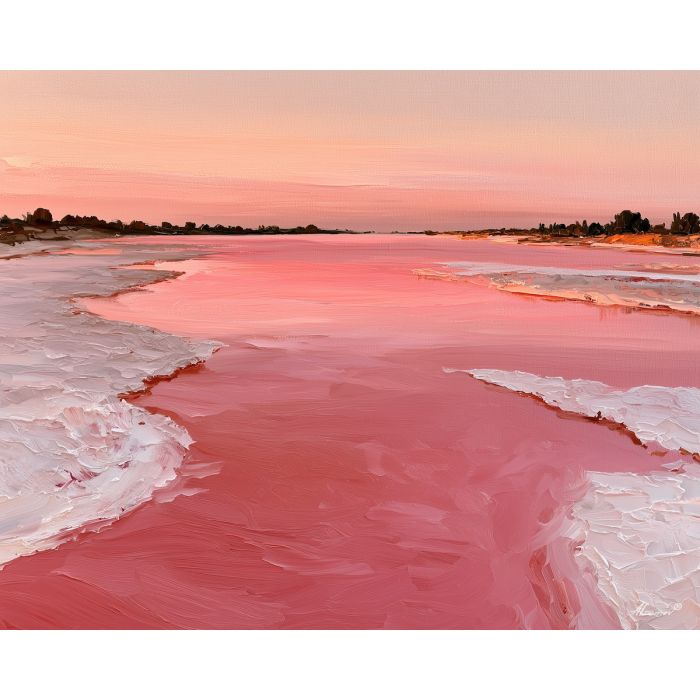 pink salt, lake rose, pink lake art, colorful wall decor, glowing reflections, textured oil painting, no signature art, remote landscape painting, natural wonder art, abstract landscape decor