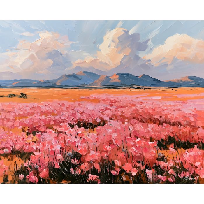 desert bloom, plain pink, bloom plain art, natural wonder art, abstract landscape decor, bold color landscape, rare landscape art, afremov style landscape, palette knife landscape, thick brush strokes