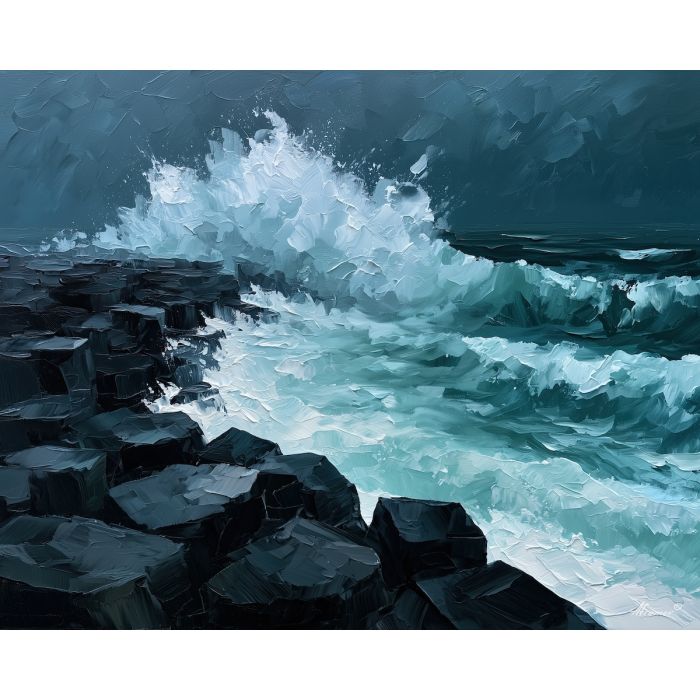 stormy basalt, coast dark, basalt coast art, abstract landscape decor, bold color landscape, rare landscape art, afremov style landscape, palette knife landscape, thick brush strokes, heavy impasto painting