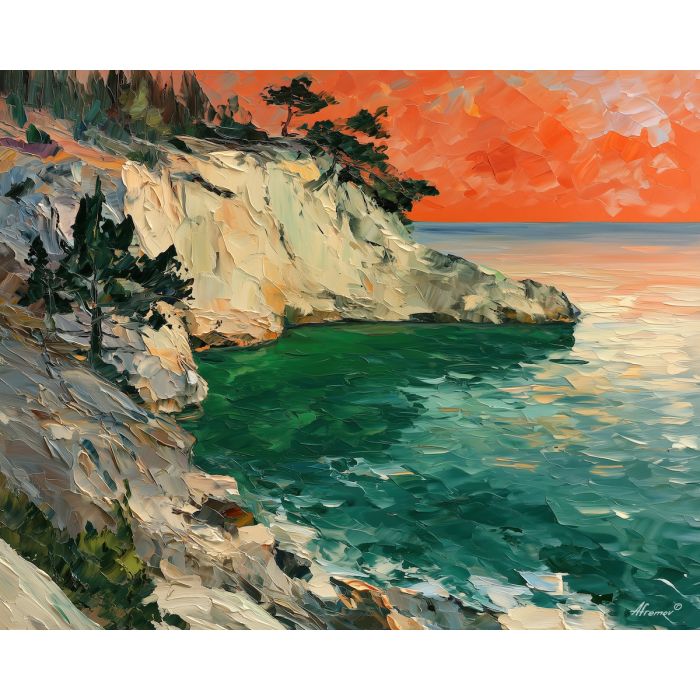 cliff cove, emerald inlet, cliff cove art, glowing reflections, textured oil painting, no signature art, remote landscape painting, natural wonder art, abstract landscape decor, bold color landscape