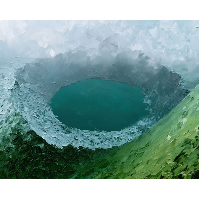 misty crater, rim teal, crater rim art, textured oil painting, no signature art, remote landscape painting, natural wonder art, abstract landscape decor, bold color landscape, rare landscape art