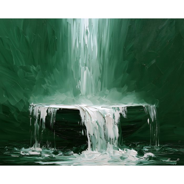 waterfall bowl, white cascade, waterfall bowl art, thick brush strokes, heavy impasto painting, broad simplified shapes, minimal detail art, colorful wall decor, glowing reflections, textured oil painting