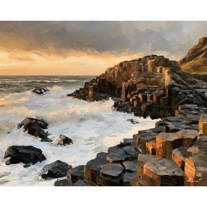 basalt causeway, coast chunky, causeway coast art, minimal detail art, colorful wall decor, glowing reflections, textured oil painting, no signature art, remote landscape painting, natural wonder art