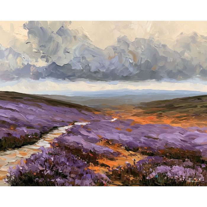heather moor, purple land, heather moor art, rare landscape art, afremov style landscape, palette knife landscape, thick brush strokes, heavy impasto painting, broad simplified shapes, minimal detail art