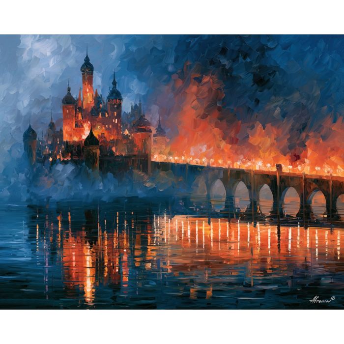 molten lagoonkeep, lagoon keep, molten lagoonkeep art, glowing reflections, colorful wall decor, fantasy wall art, no signature art, soft edge cityscape, rainlit fantasy city, textured oil painting