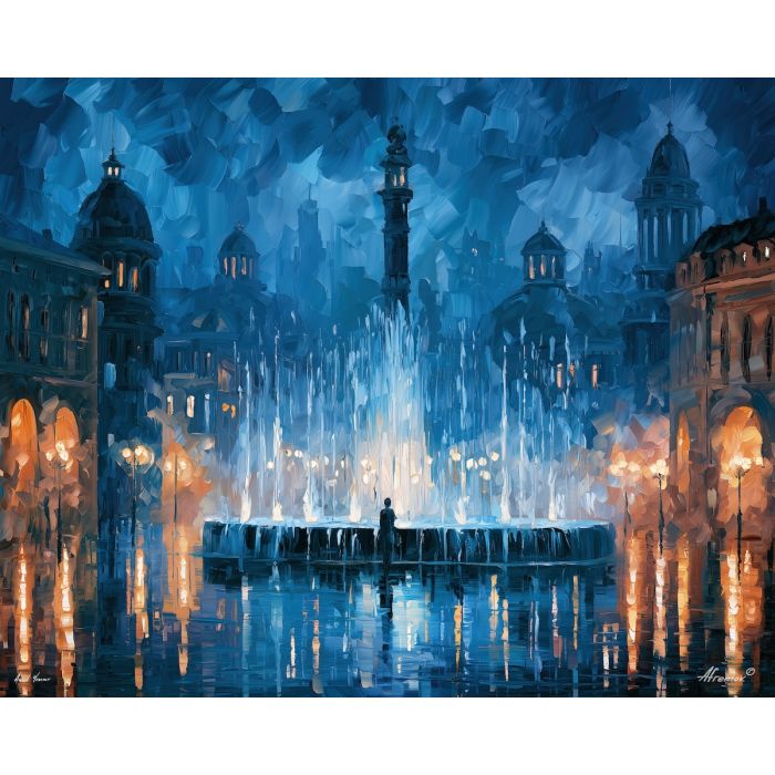 duskvale fountains, fountain pools, duskvale fountains art, broad city shapes, minimal detail art, glowing reflections, colorful wall decor, fantasy wall art, no signature art, soft edge cityscape