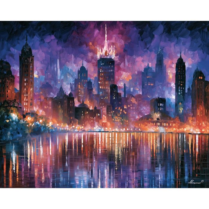 arcane crown, shaped skyline, arcane crown art, minimal detail art, glowing reflections, colorful wall decor, fantasy wall art, no signature art, soft edge cityscape, rainlit fantasy city