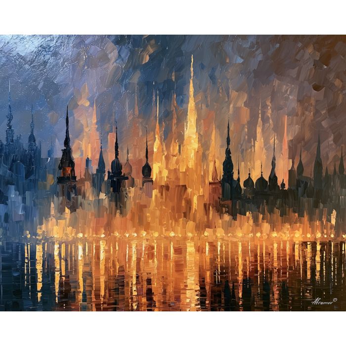 gilded spires, misty tapering, gilded spires art, minimal detail art, glowing reflections, colorful wall decor, fantasy wall art, no signature art, soft edge cityscape, rainlit fantasy city