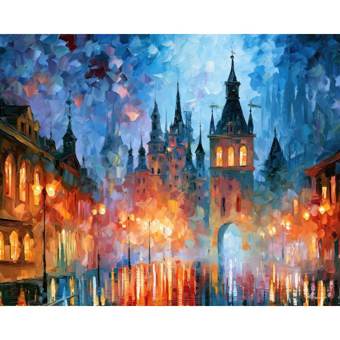 twilight turrets, small turret, twilight turrets art, fantasy cityscape, afremov style art, palette knife city, thick brush strokes, heavy impasto painting, broad city shapes, minimal detail art