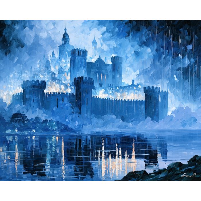 dragonglass bastion, wall edge, dragonglass bastion art, fantasy wall art, no signature art, soft edge cityscape, rainlit fantasy city, textured oil painting, dream city painting, fantasy cityscape