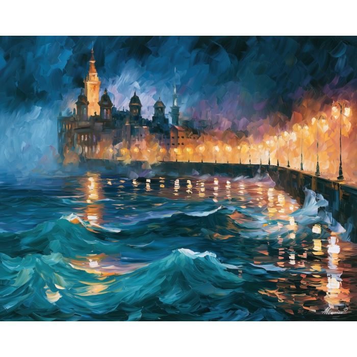 shadowrose seawall, against turquoise, shadowrose seawall art, broad city shapes, minimal detail art, glowing reflections, colorful wall decor, fantasy wall art, no signature art, soft edge cityscape