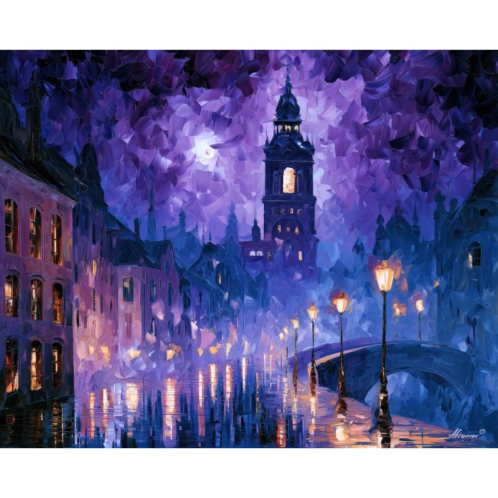 eclipse belltower, bell tower, eclipse belltower art, soft edge cityscape, rainlit fantasy city, textured oil painting, dream city painting, fantasy cityscape, afremov style art, palette knife city