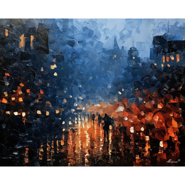 gentle obsidiary, obsidian dark, gentle obsidiary art, glowing reflections, colorful wall decor, fantasy wall art, no signature art, soft edge cityscape, rainlit fantasy city, textured oil painting