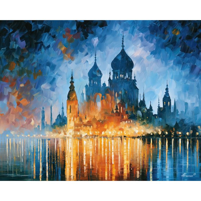 skyroot citadel, silhouette domed, skyroot citadel art, palette knife city, thick brush strokes, heavy impasto painting, broad city shapes, minimal detail art, glowing reflections, colorful wall decor